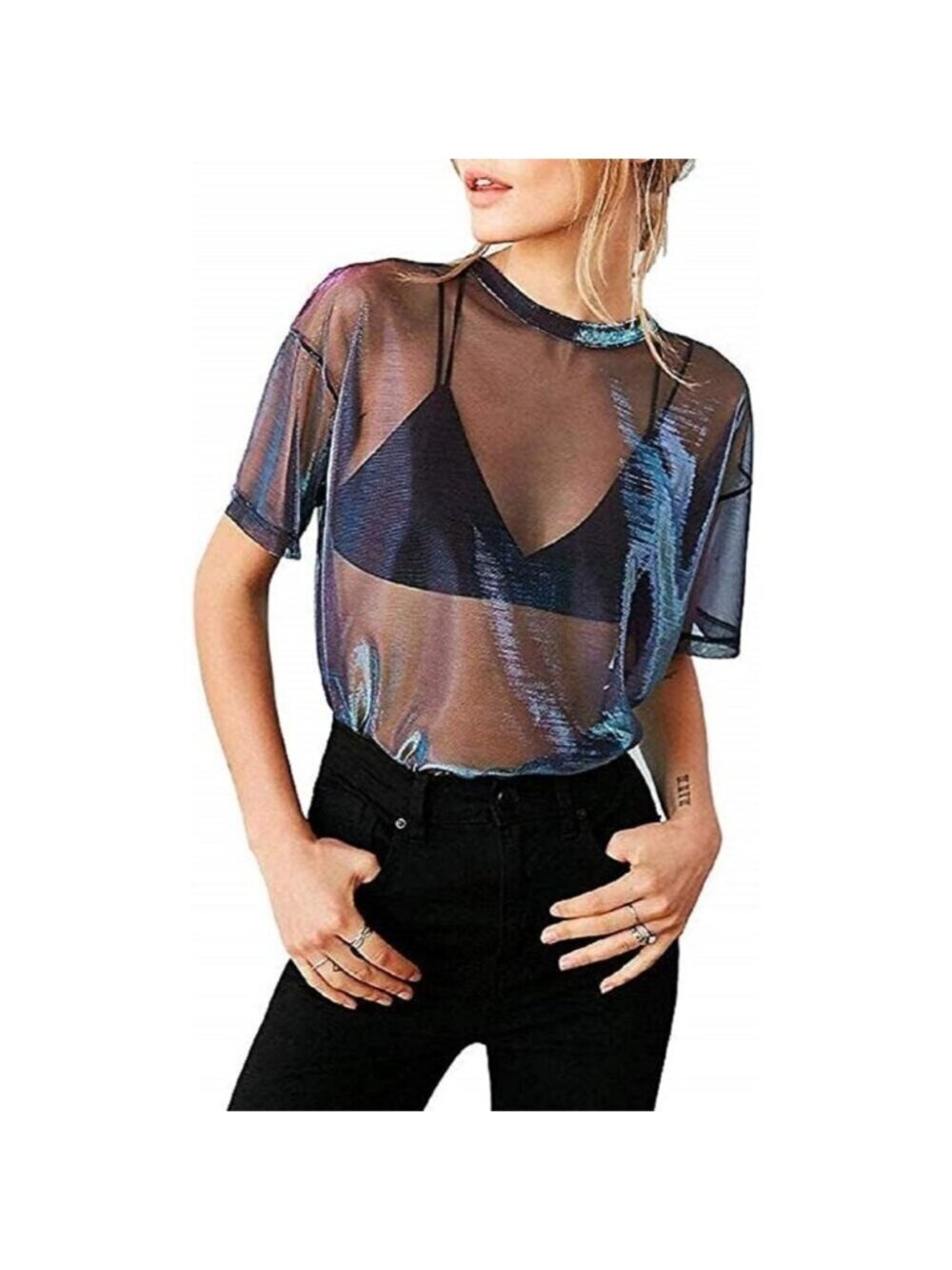 Women’s Navy Purple Metallic Mesh Short Sleeve Sexy See-Through Shirt Top